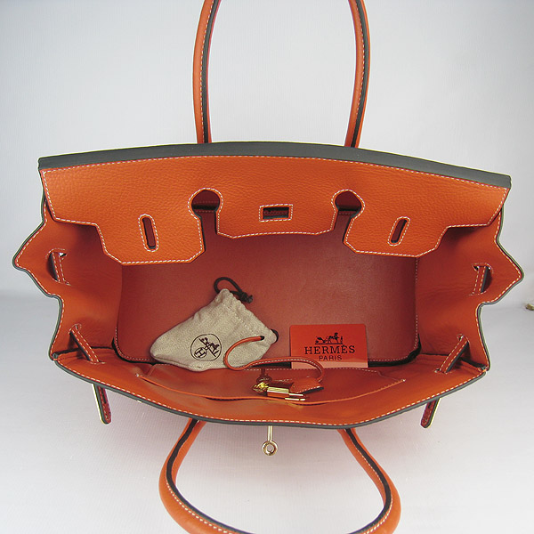 High Quality Fake Hermes 35CM Embossed Veins Leather Bag Orange 6089 - Click Image to Close